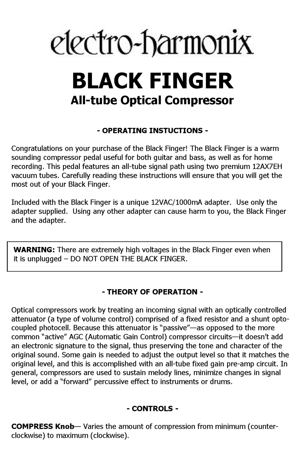 ELECTROHARMONIX BLACK FINGER OPERATING INSTRUCTIONS Pdf Download