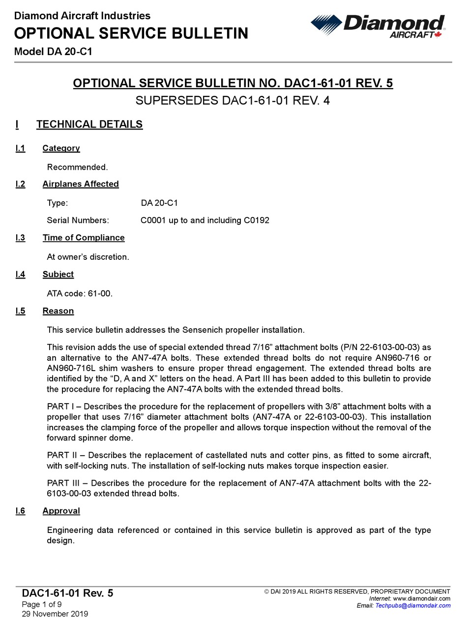 DIAMOND AIRCRAFT DA 20C1 SERVICE BULLETIN Pdf Download ManualsLib