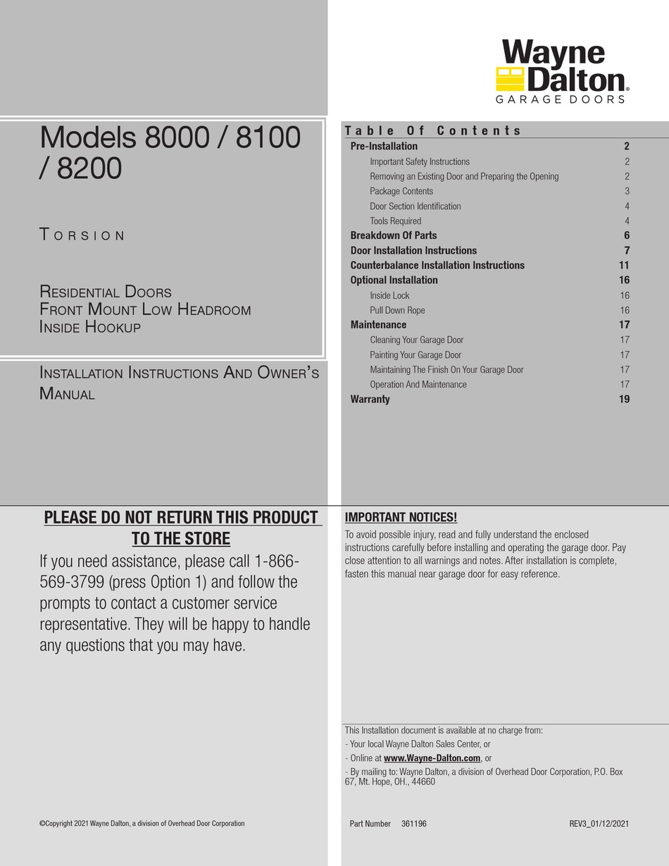 WAYNEDALTON 8000 INSTALLATION INSTRUCTIONS AND OWNER
