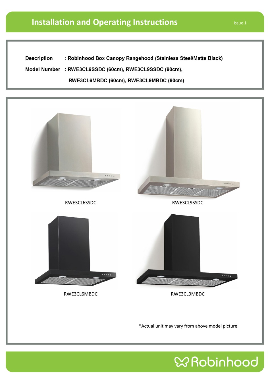 ROBINHOOD RWE3CL6SSDC INSTALLATION AND OPERATING INSTRUCTIONS MANUAL