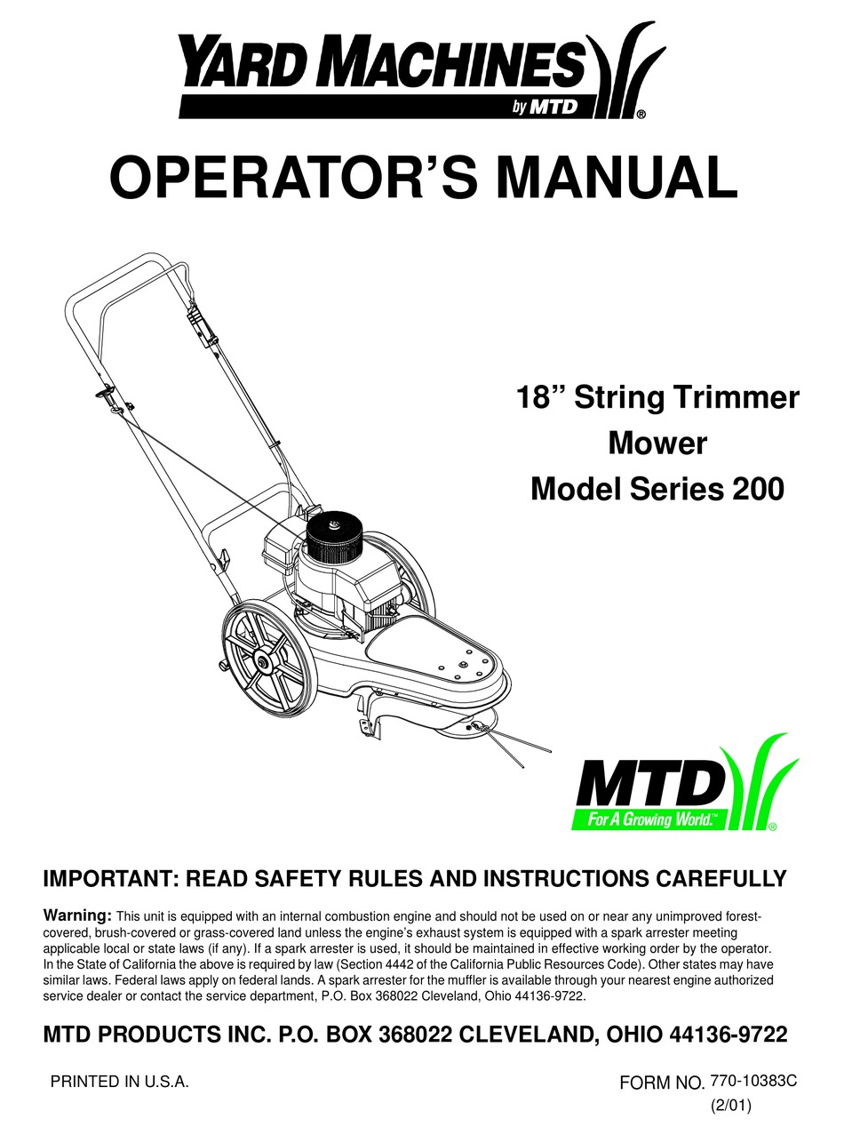 MTD YARD MACHINES 200 SERIES OPERATOR'S MANUAL Pdf Download | ManualsLib