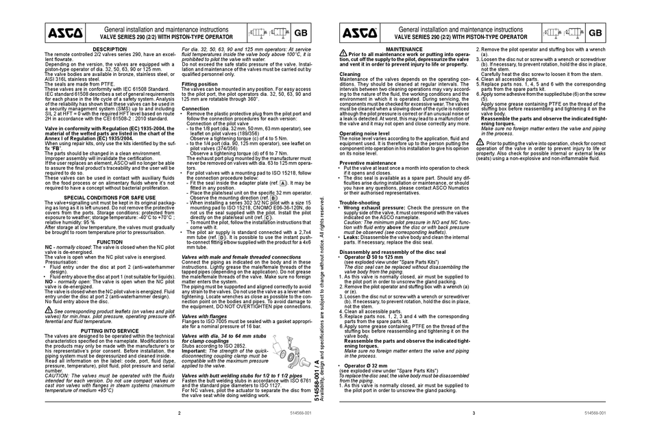 ASCO 290 SERIES GENERAL INSTALLATION AND MAINTENANCE INSTRUCTIONS Pdf