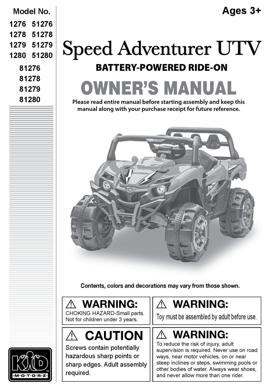 KID MOTORZ SPEED ADVENTURER UTV 1276 OWNER'S MANUAL Pdf Download ManualsLib
