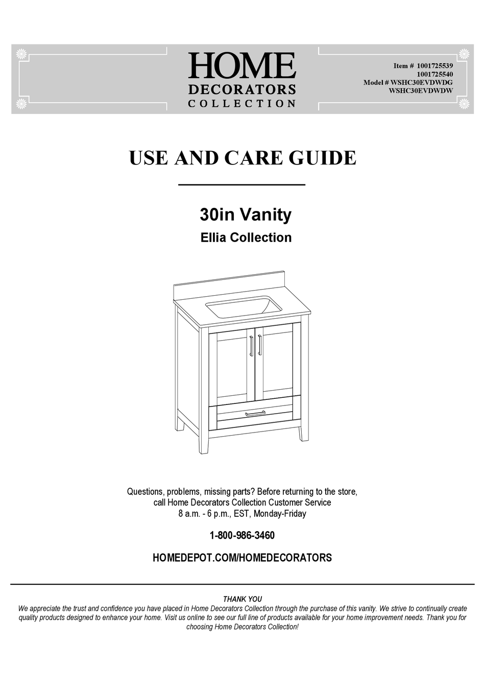HOME DECORATORS COLLECTION ELLIA WSHC30EVDWDG USE AND CARE MANUAL Pdf