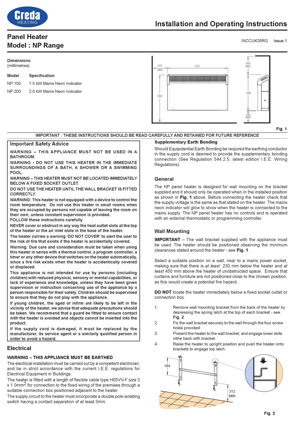 CREDA NP SERIES INSTALLATION AND OPERATING INSTRUCTIONS Pdf Download