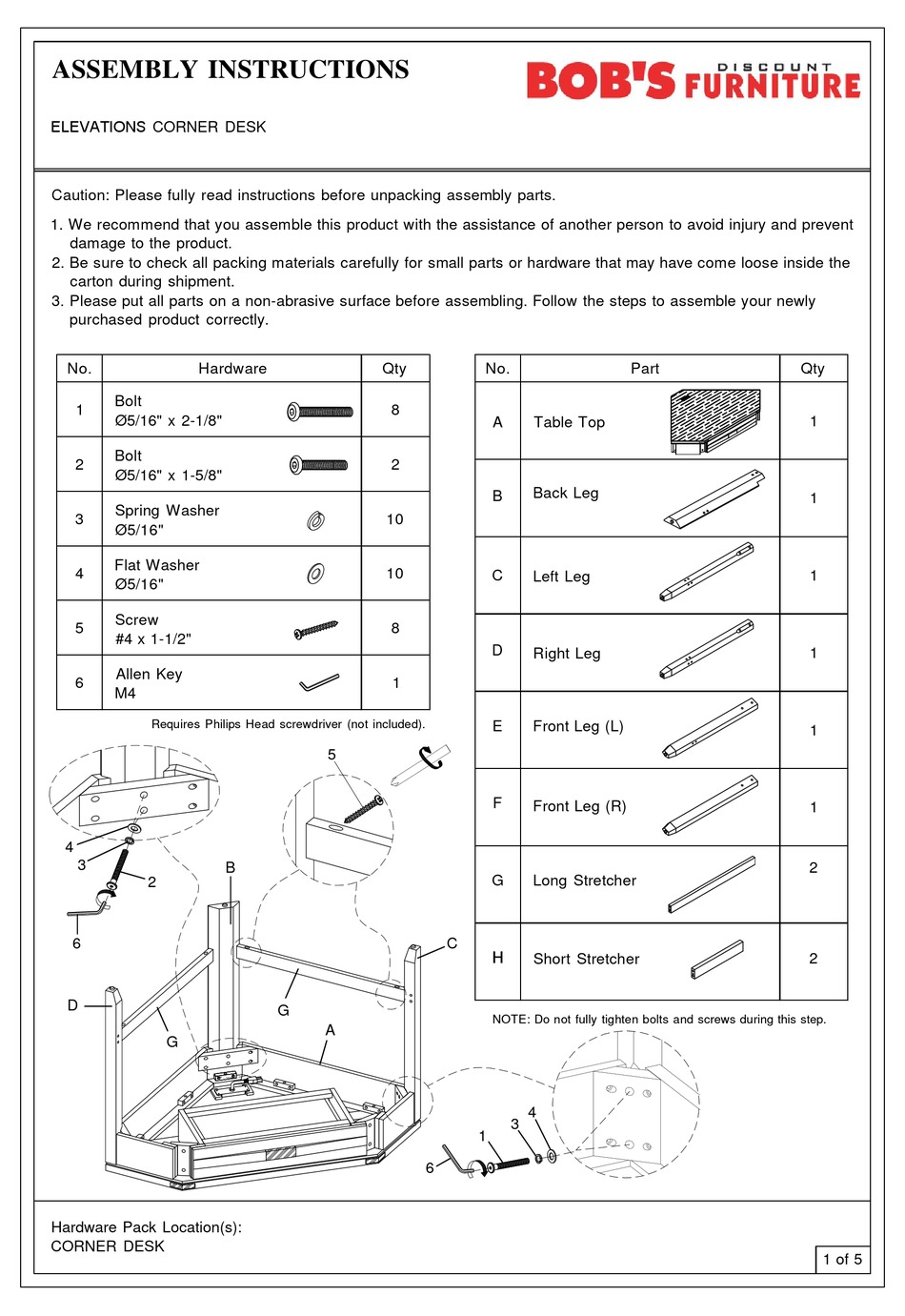 BOB'S DISCOUNT FURNITURE ELEVATIONS 20070173 ASSEMBLY INSTRUCTIONS