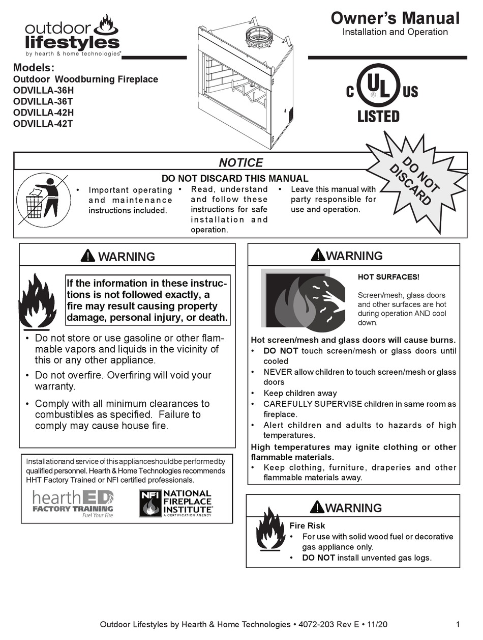 HEARTH AND HOME TECHNOLOGIES OUTDOOR LIFESTYLES ODVILLA36T OWNER'S