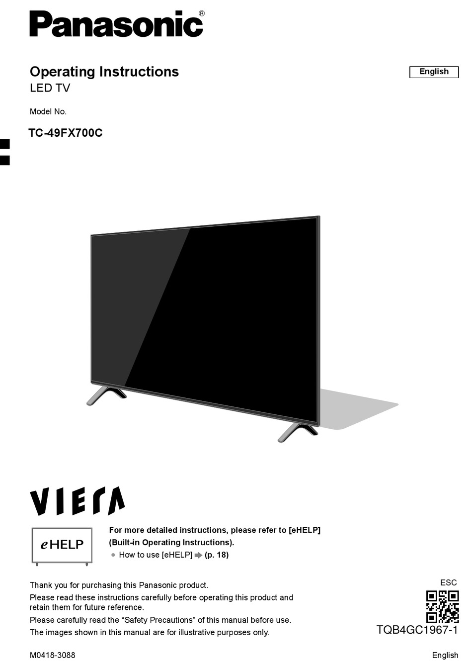 PANASONIC VIERA TC49FX700 OPERATING INSTRUCTIONS MANUAL Pdf Download