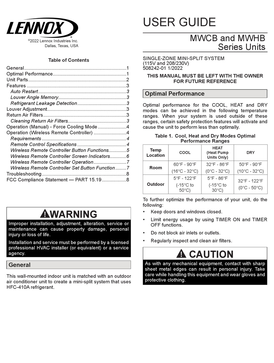 LENNOX MWCB SERIES USER MANUAL Pdf Download | ManualsLib