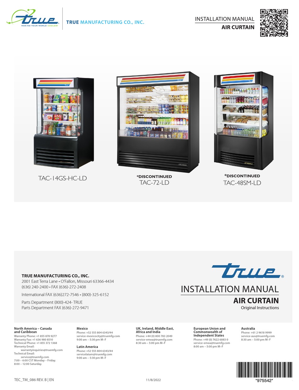 TRUE MANUFACTURING COMPANY TAC14GSHCLD INSTALLATION MANUAL Pdf