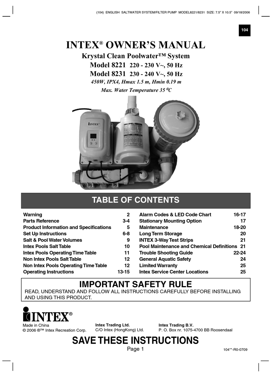 INTEX KRYSTAL CLEAN POOLWATER 8221 OWNER