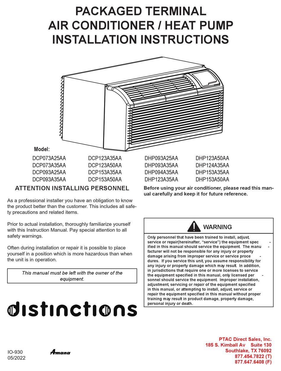 AMANA DCP073A25AA INSTALLATION INSTRUCTIONS MANUAL Pdf Download