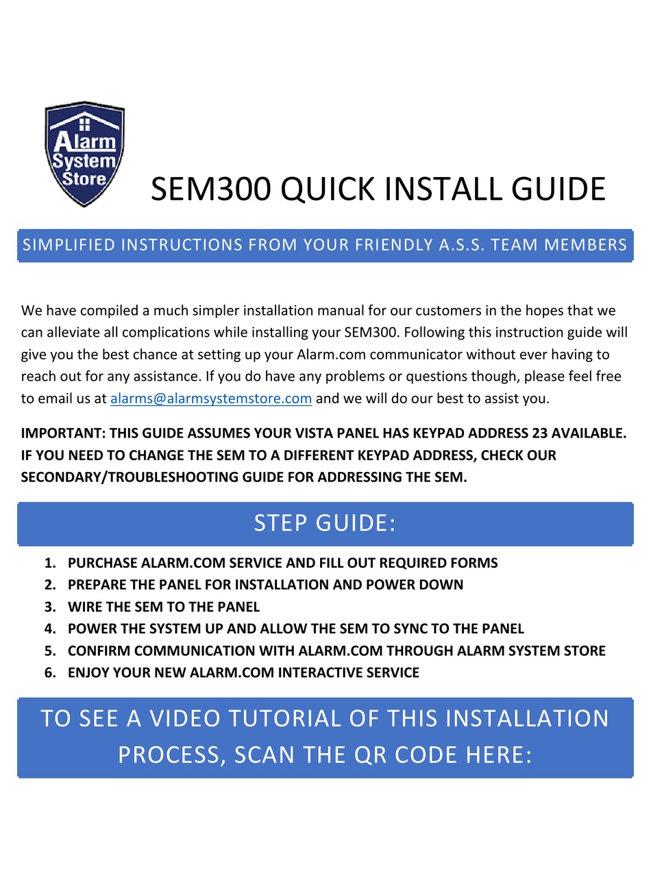ALARM SYSTEM SEM300 QUICK INSTALL MANUAL Pdf Download ManualsLib