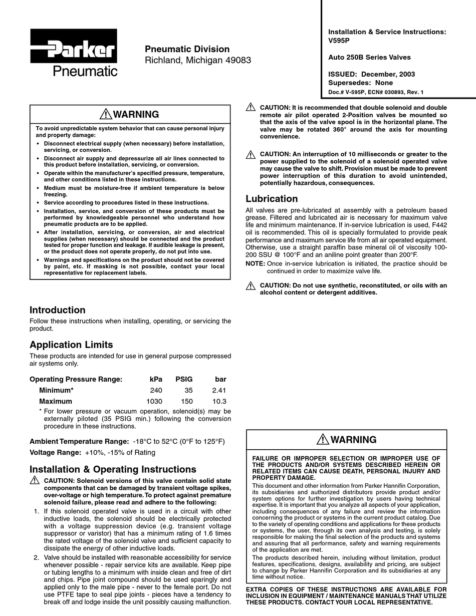 PARKER PNEUMATIC 250B SERIES INSTALLATION & SERVICE INSTRUCTIONS Pdf