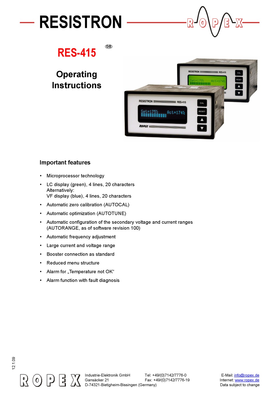 ROPEX RESISTRON RES415 OPERATING INSTRUCTIONS MANUAL Pdf Download