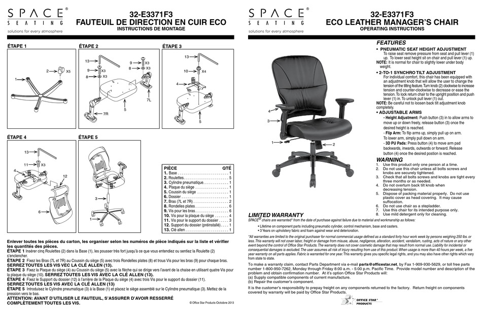 OFFICE STAR PRODUCTS SPACE SEATING 32E3371F3 OPERATING INSTRUCTIONS