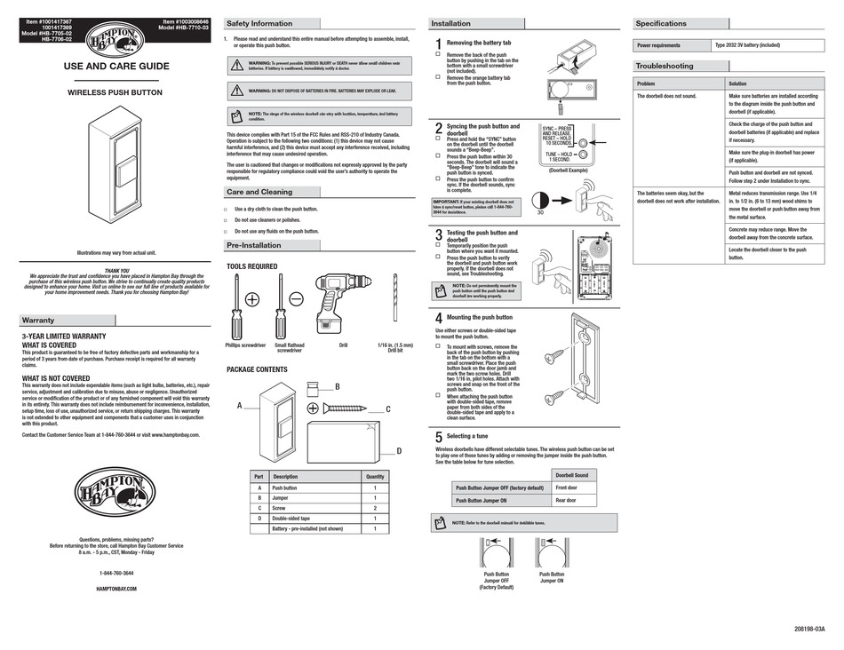 HAMPTON BAY HB770502 USE AND CARE MANUAL Pdf Download ManualsLib