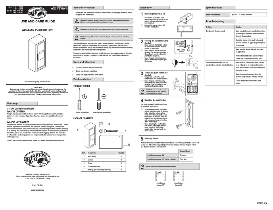 HAMPTON BAY HB770702 USE AND CARE MANUAL Pdf Download ManualsLib