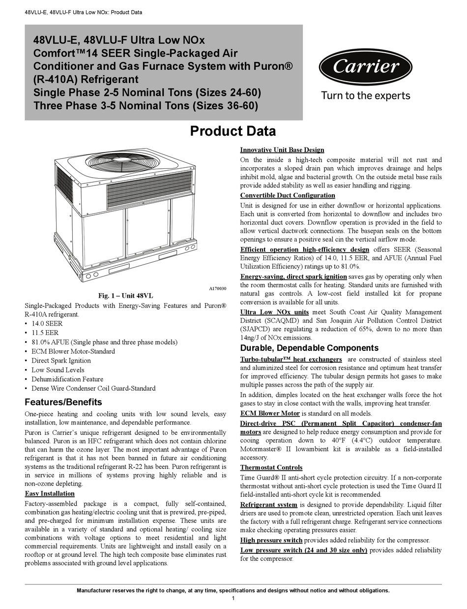 CARRIER COMFORT 48VLU-E PRODUCT DATA Pdf Download | ManualsLib