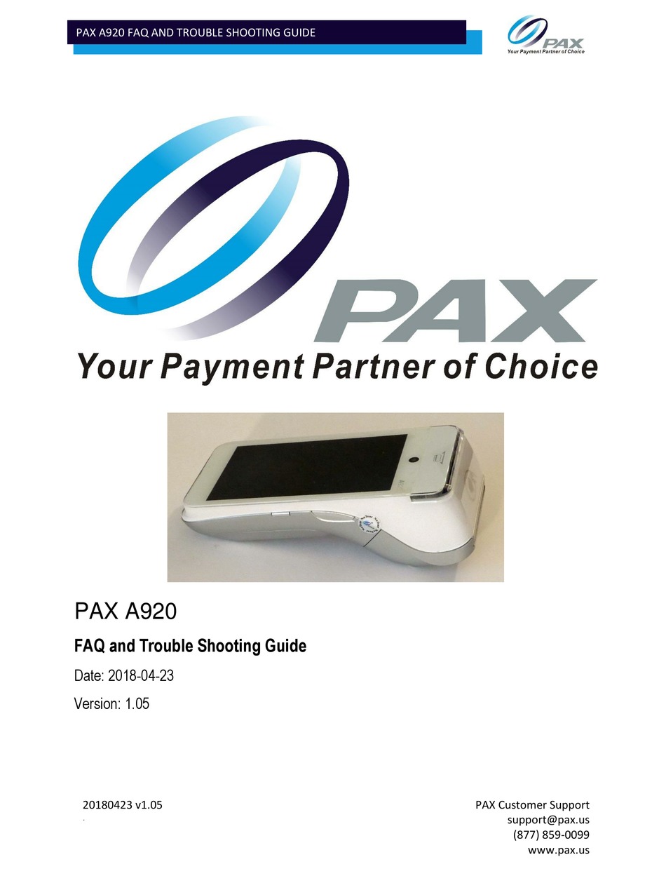 PAX A920 MANUAL Pdf Download ManualsLib