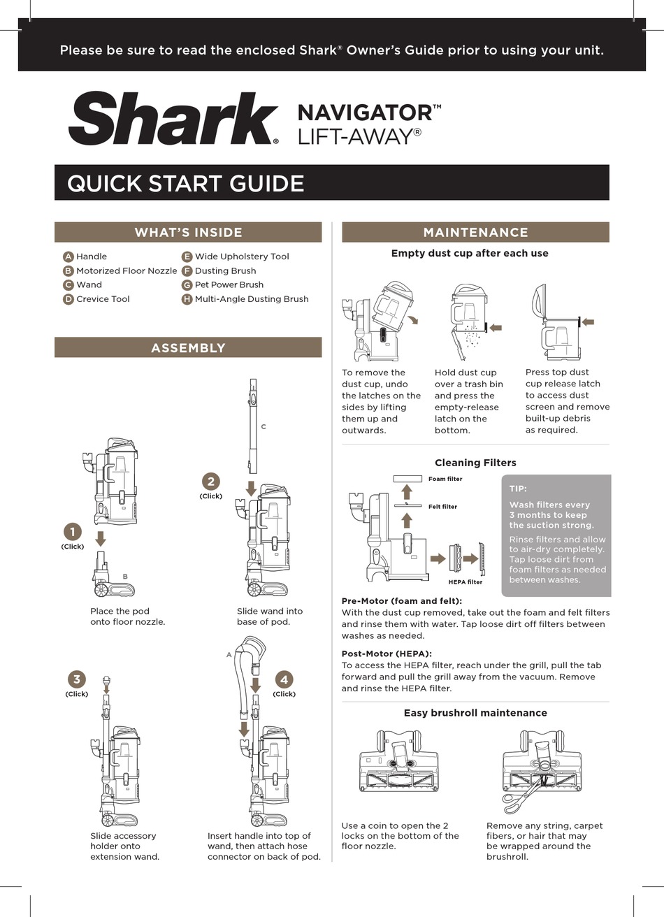 SHARK NAVIGATOR LIFTAWAY NV391 QUICK START MANUAL Pdf Download