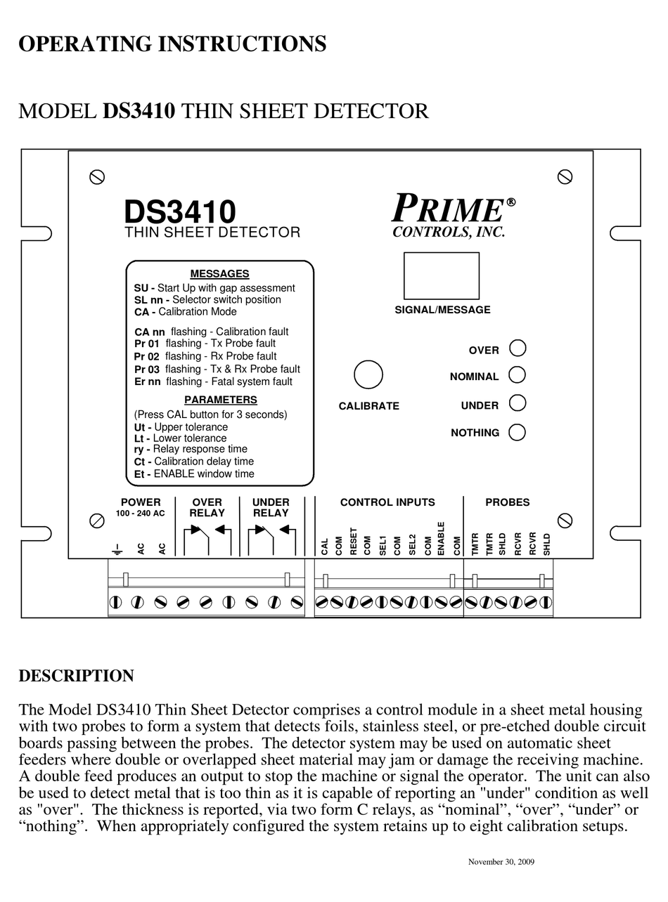 PRIME CONTROLS DS3410 OPERATING INSTRUCTIONS MANUAL Pdf Download