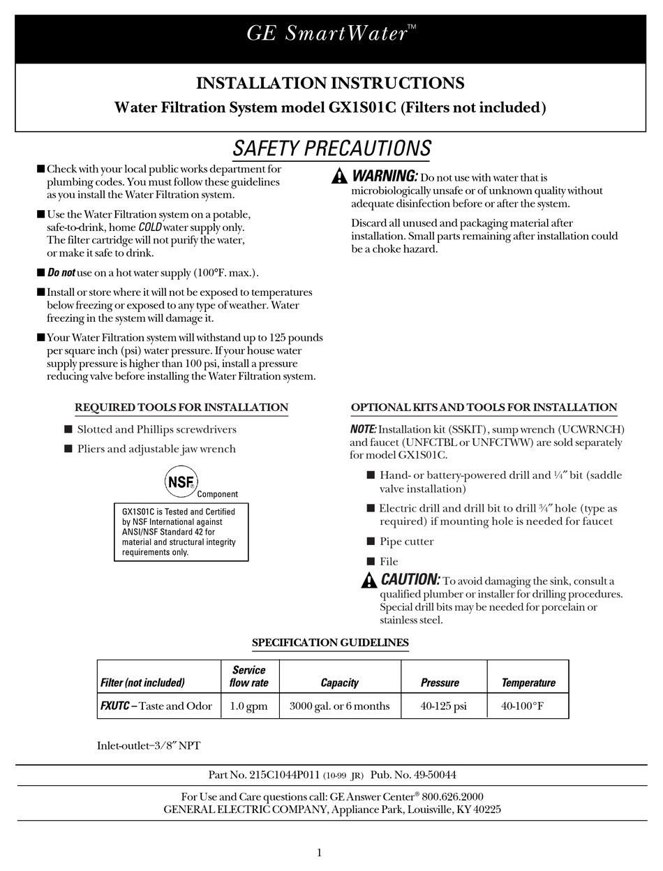 GE SMARTWATER GX1S01C INSTALLATION INSTRUCTIONS MANUAL Pdf Download