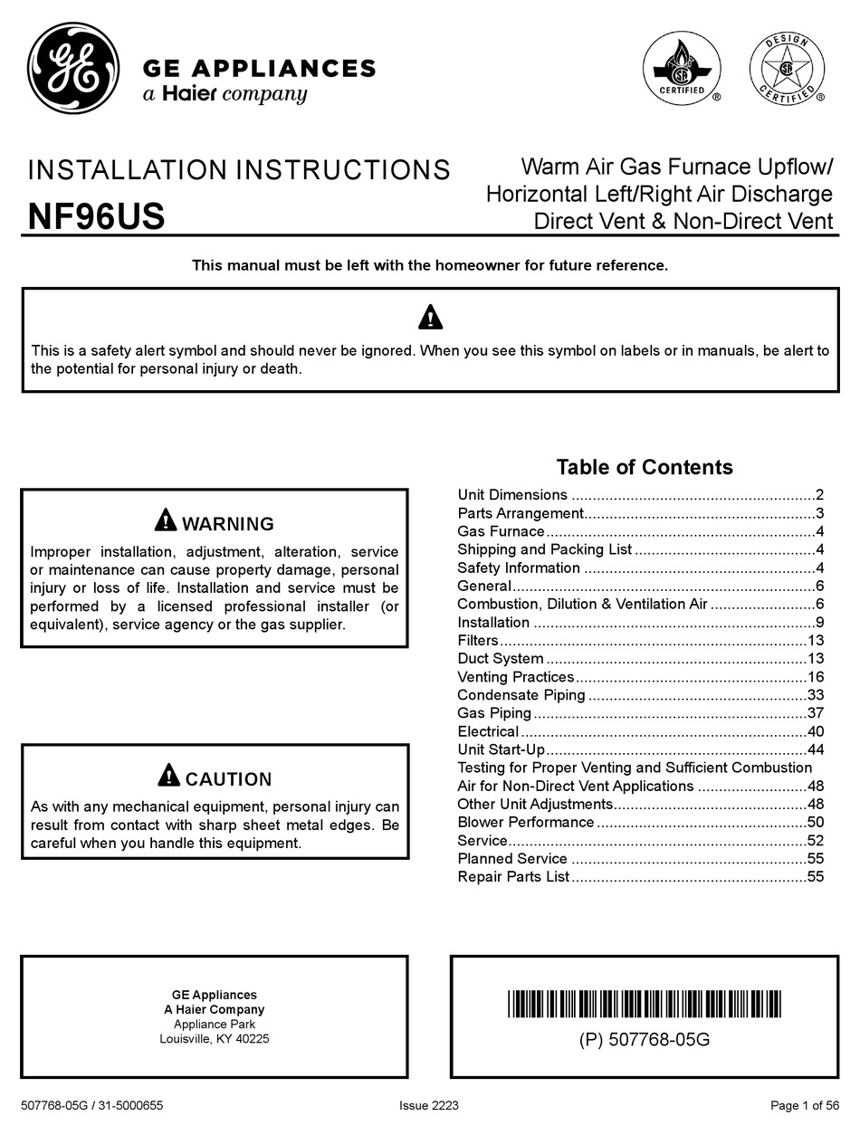 HAIER GE APPLIANCES NF96US INSTALLATION INSTRUCTIONS MANUAL Pdf