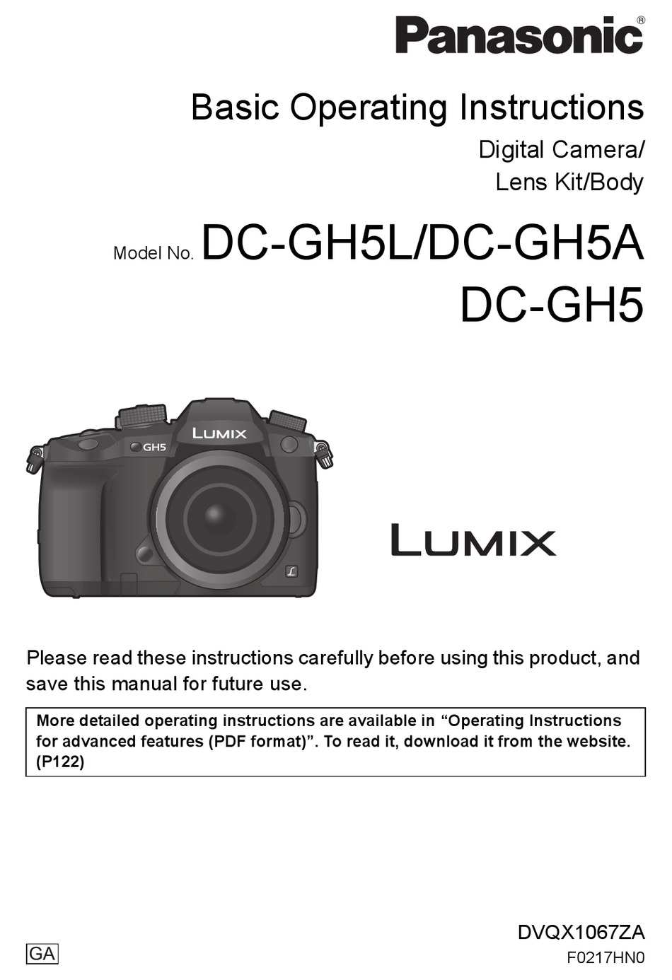 PANASONIC LUMIX DCGH5L BASIC OPERATING INSTRUCTIONS MANUAL Pdf