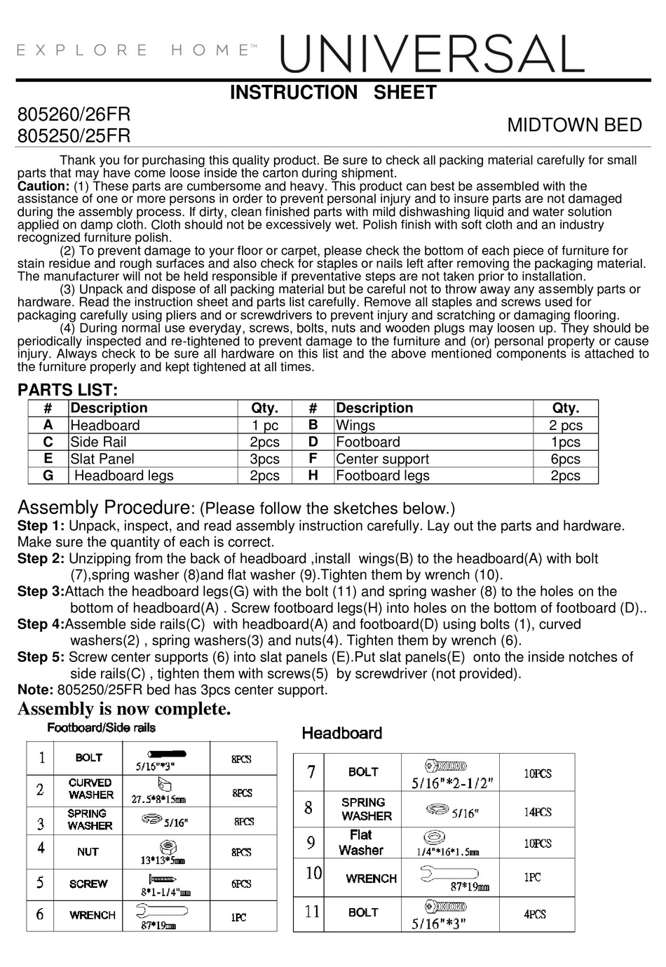UNIVERSAL FURNITURE EXPLORE HOME MIDTOWN 805260/26FR INSTRUCTION SHEET