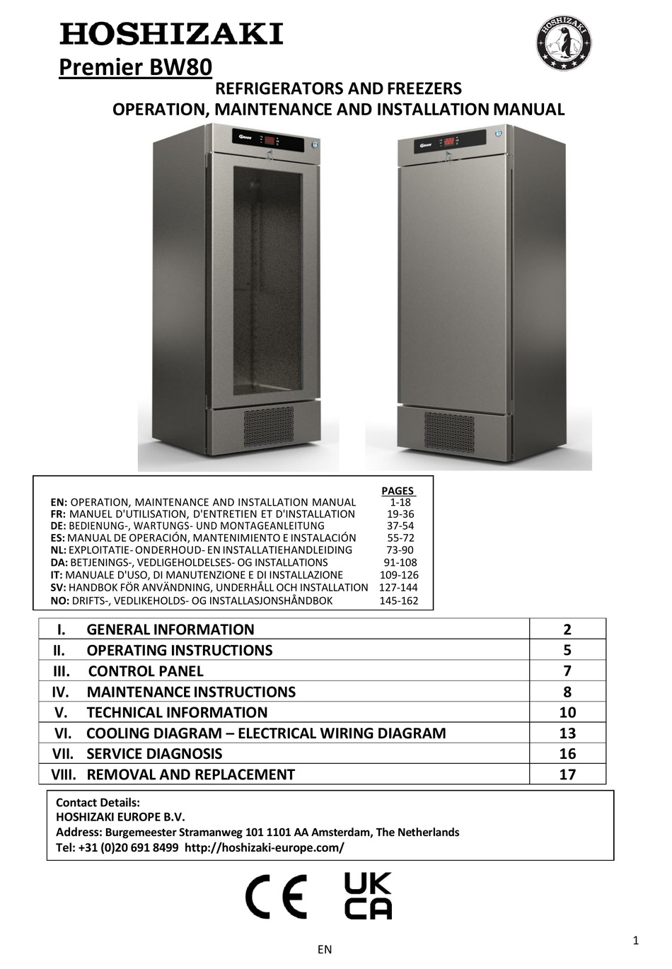 HOSHIZAKI PREMIER BW80 OPERATION, MAINTENANCE AND INSTALLATION MANUAL