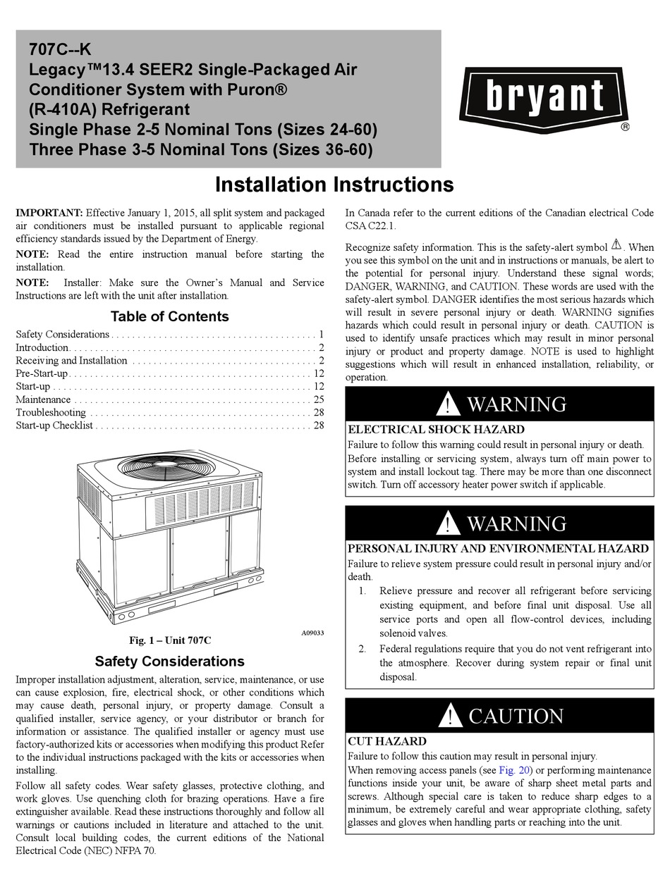 BRYANT LEGACY 707C K SERIES INSTALLATION INSTRUCTIONS MANUAL Pdf ...