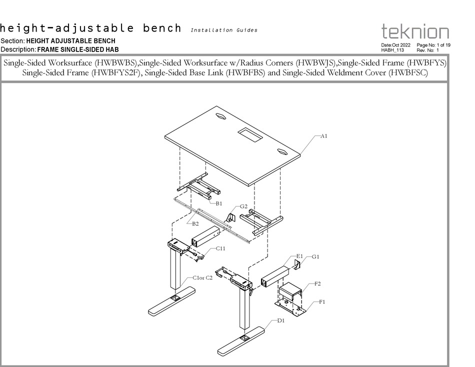 TEKNION HEIGHTADJUSTABLE BENCH INSTALLATION MANUALS Pdf Download