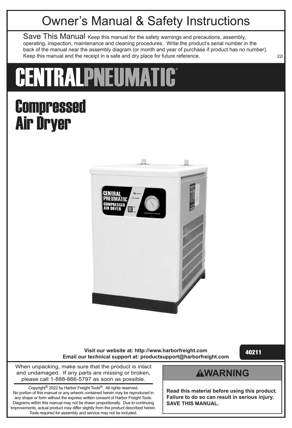 CENTRAL PNEUMATIC 40211 OWNER'S MANUAL & SAFETY INSTRUCTIONS Pdf