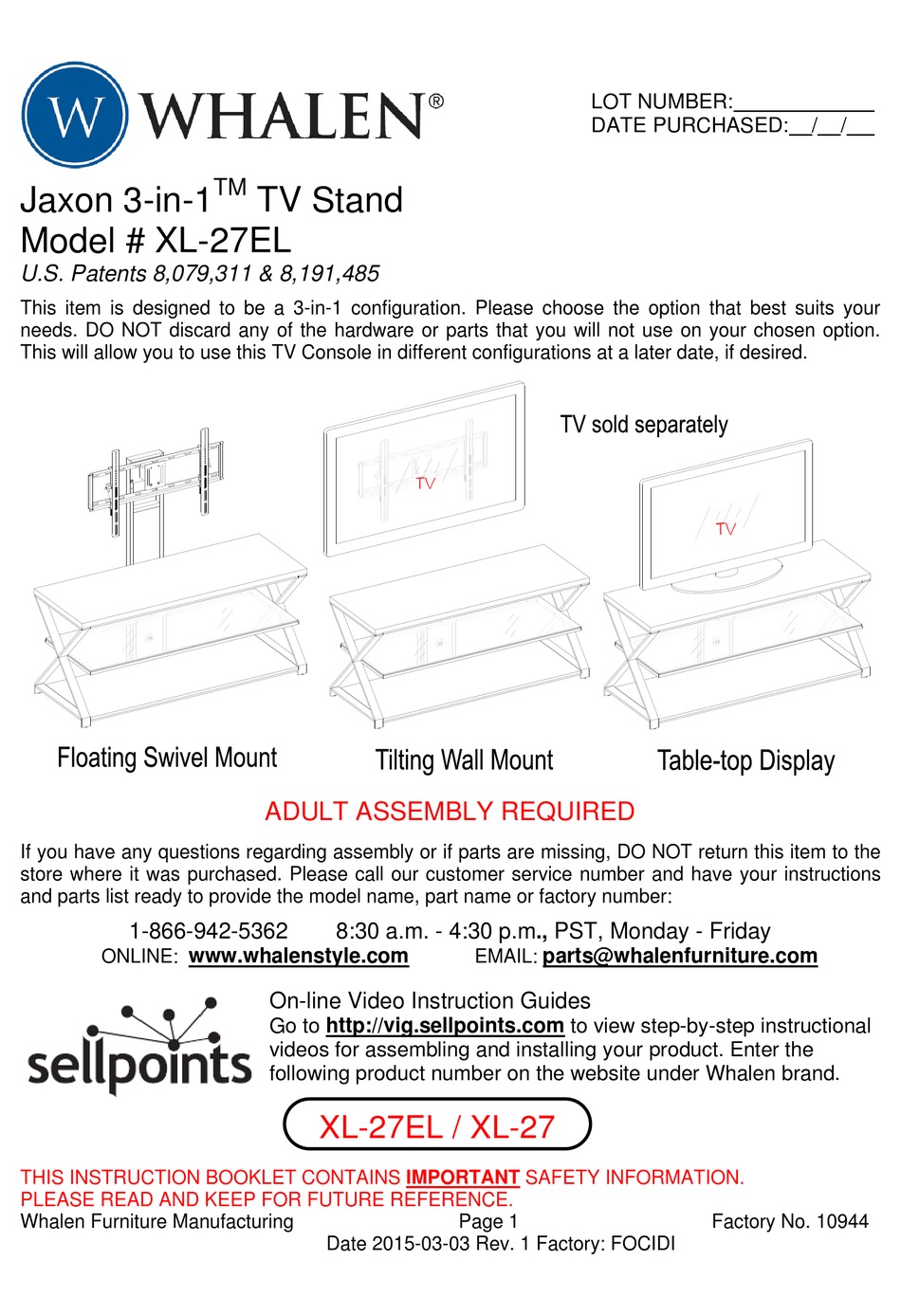 WHALEN JAXON 3IN1 XL27EL ASSEMBLY INSTRUCTIONS MANUAL Pdf Download