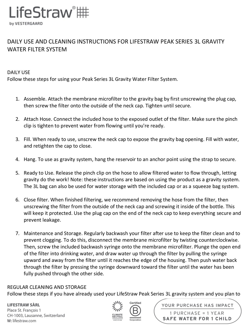 VESTERGAARD LIFESTRAW PEAK SERIES CLEANING INSTRUCTIONS Pdf Download