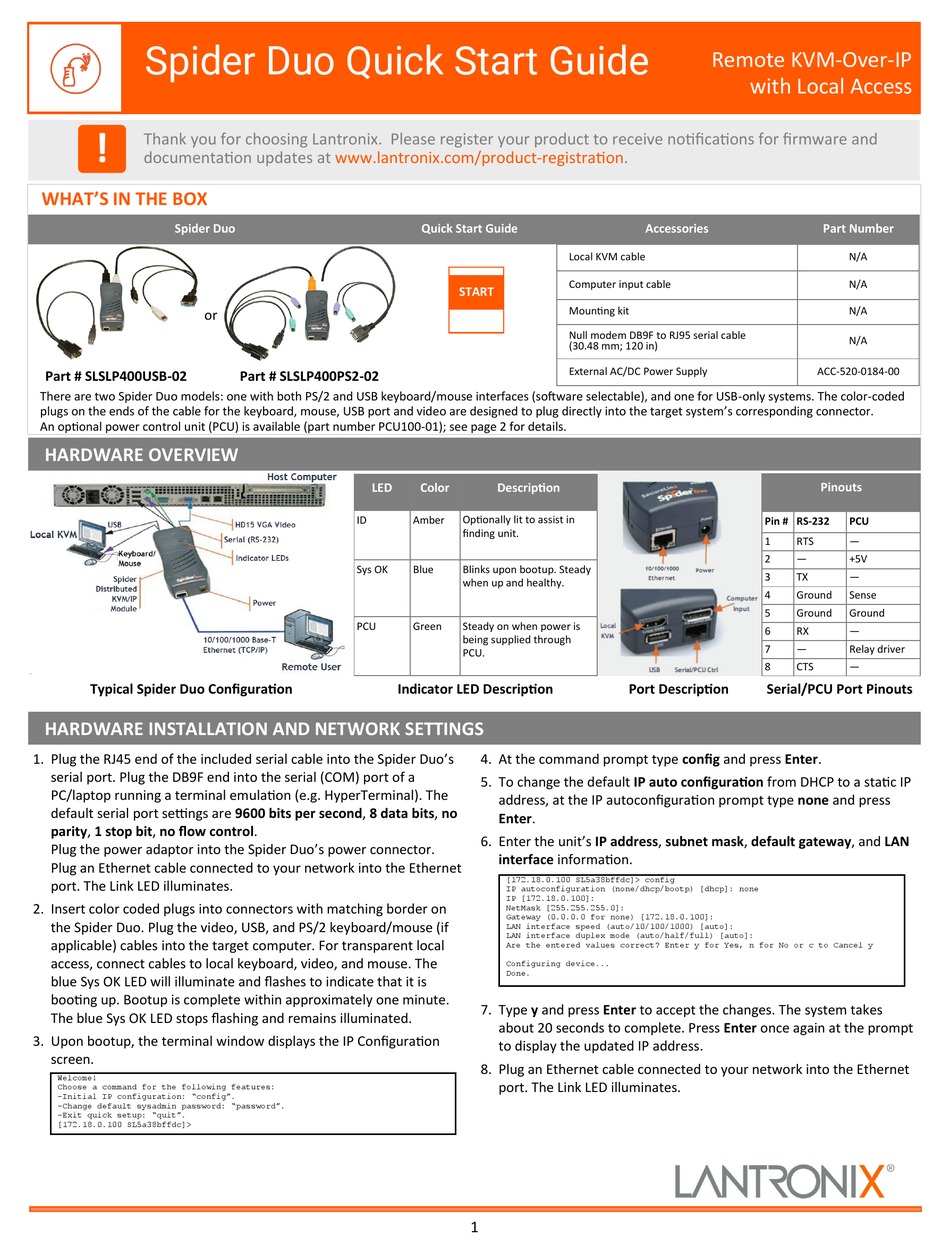 LANTRONIX SPIDER DUO SLSLP400USB02 QUICK START MANUAL Pdf Download