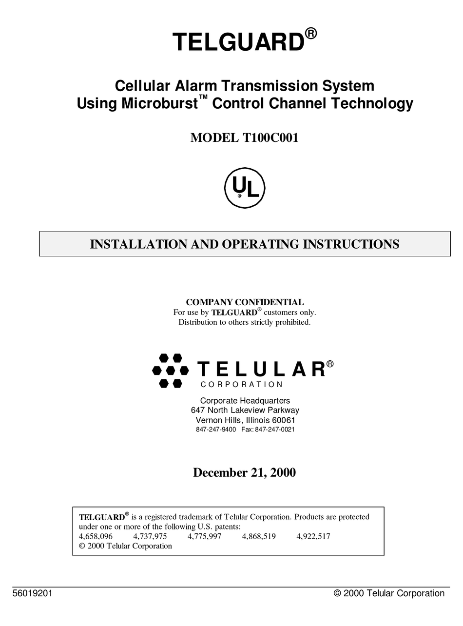 TELGUARD T100C001 INSTALLATION AND OPERATING INSTRUCTIONS MANUAL Pdf
