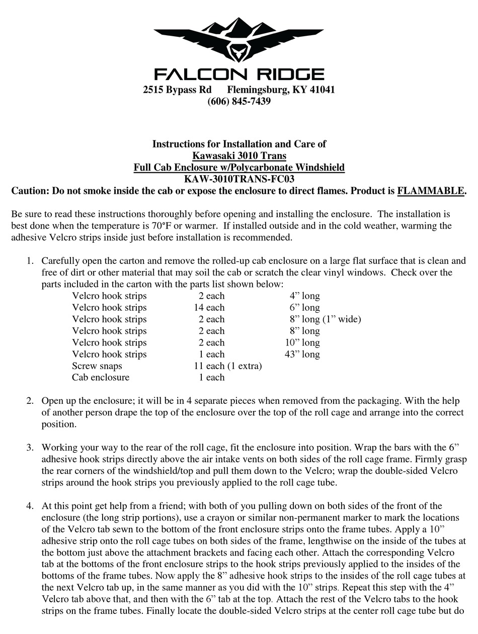 FALCON RIDGE KAW3010TRANSFC03 INSTRUCTIONS FOR INSTALLATION AND CARE