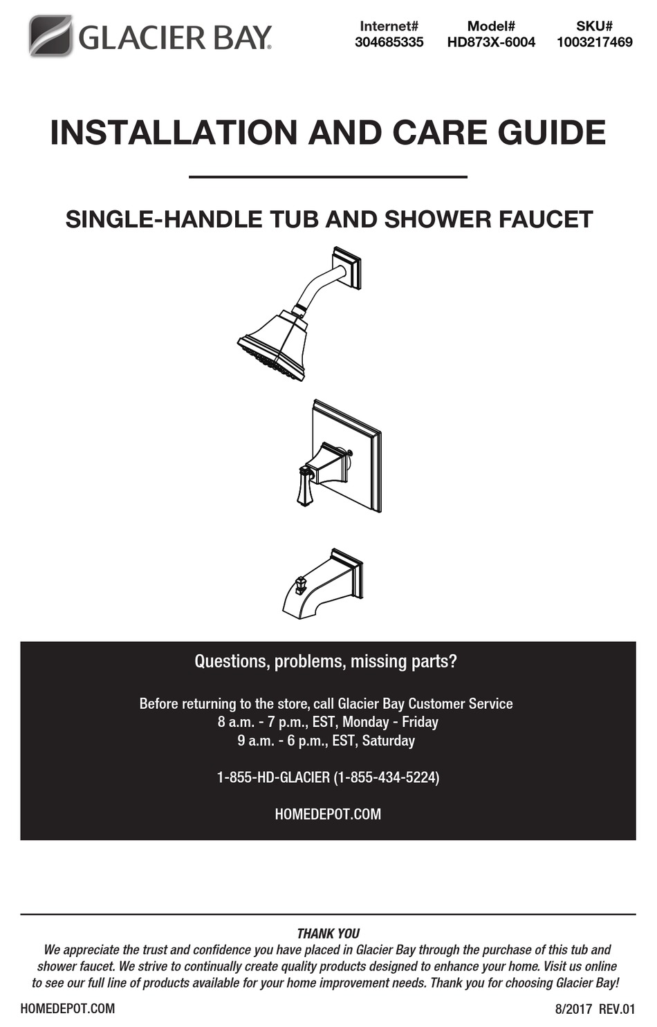 HOMEDEPOT GLACIER BAY HD873X6004 INSTALLATION AND CARE MANUAL Pdf