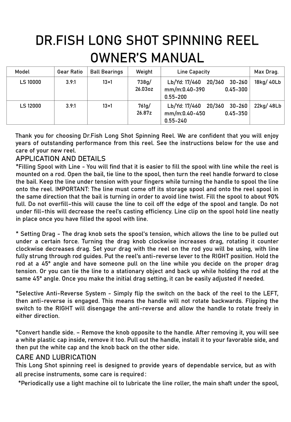Dr Fish LS 10000 Long Shot Spinning Reel Owner's Manual