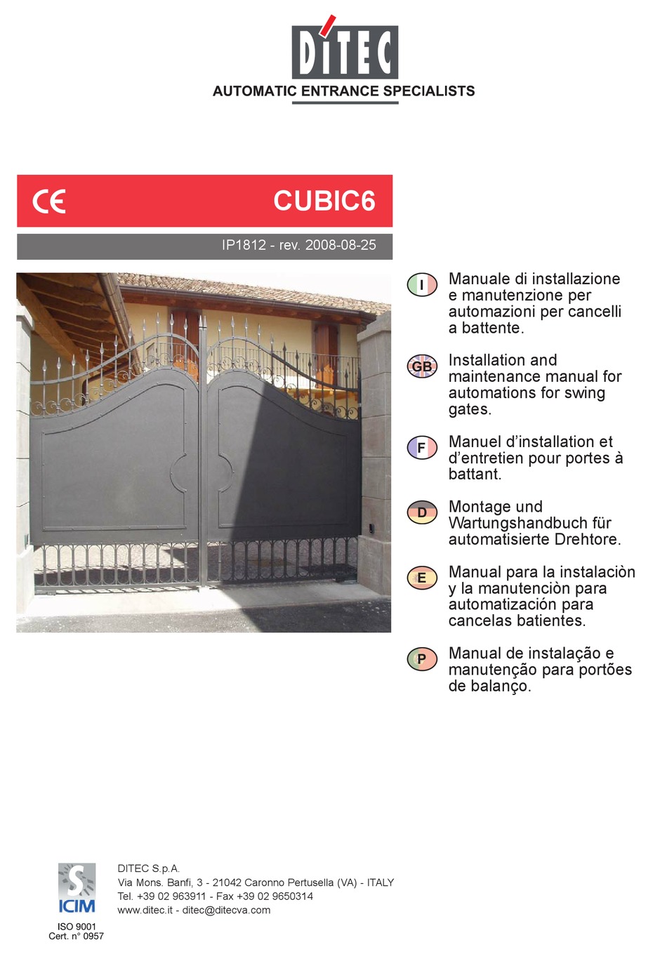 DITEC CUBIC6 INSTALLATION AND MAINTENANCE MANUAL Pdf Download ManualsLib