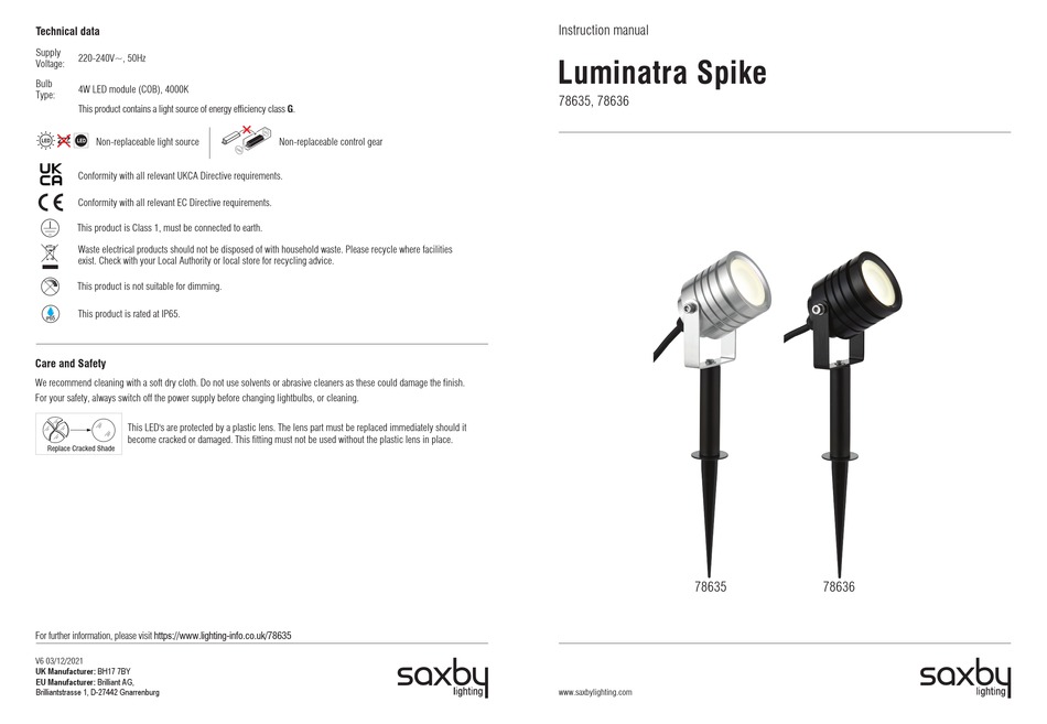 SAXBY LIGHTING LUMINATRA SPIKE 78635 INSTRUCTION MANUAL Pdf Download ...