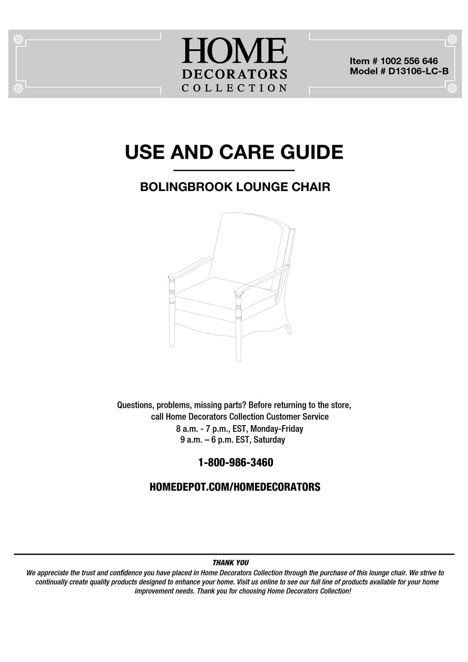 HOME DECORATORS BOLINGBROOK D13106LCB USE AND CARE MANUAL Pdf