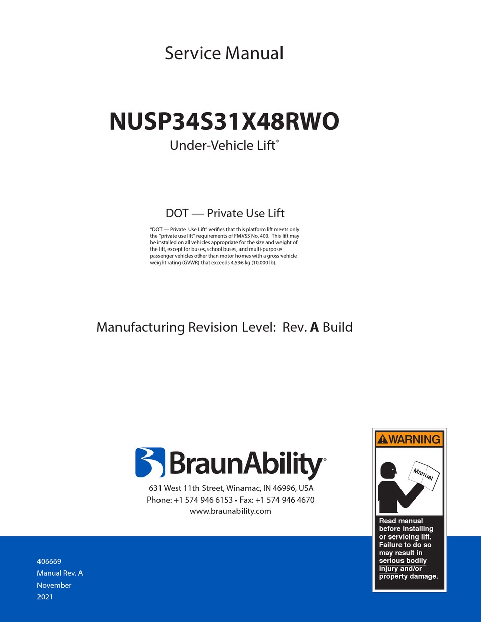 BRAUNABILITY UNDERVEHICLE LIFT NUSP34S31X48RWO SERVICE MANUAL Pdf