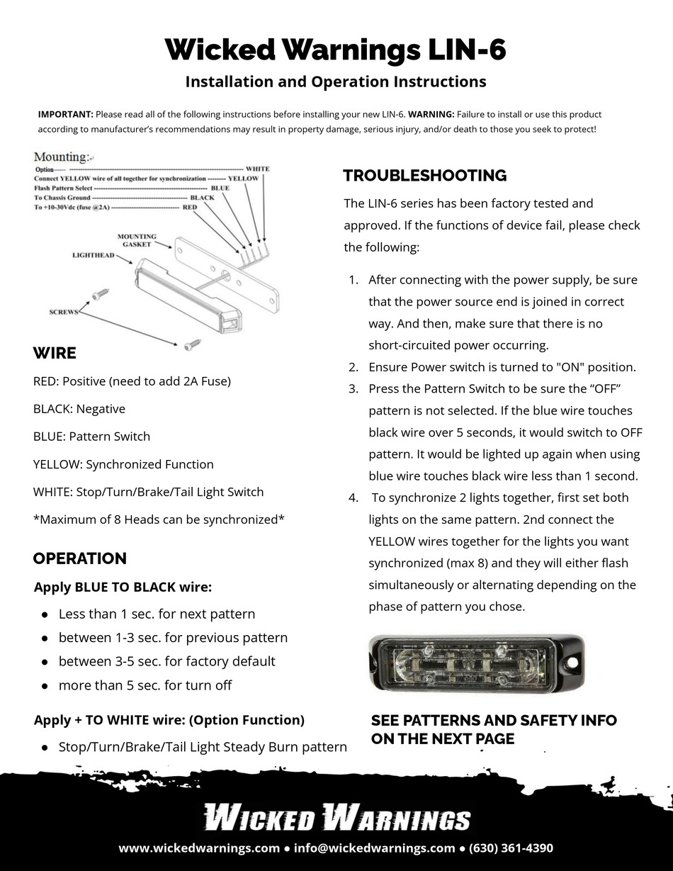 WICKED WARNINGS LIN6 INSTALLATION AND OPERATION INSTRUCTION Pdf
