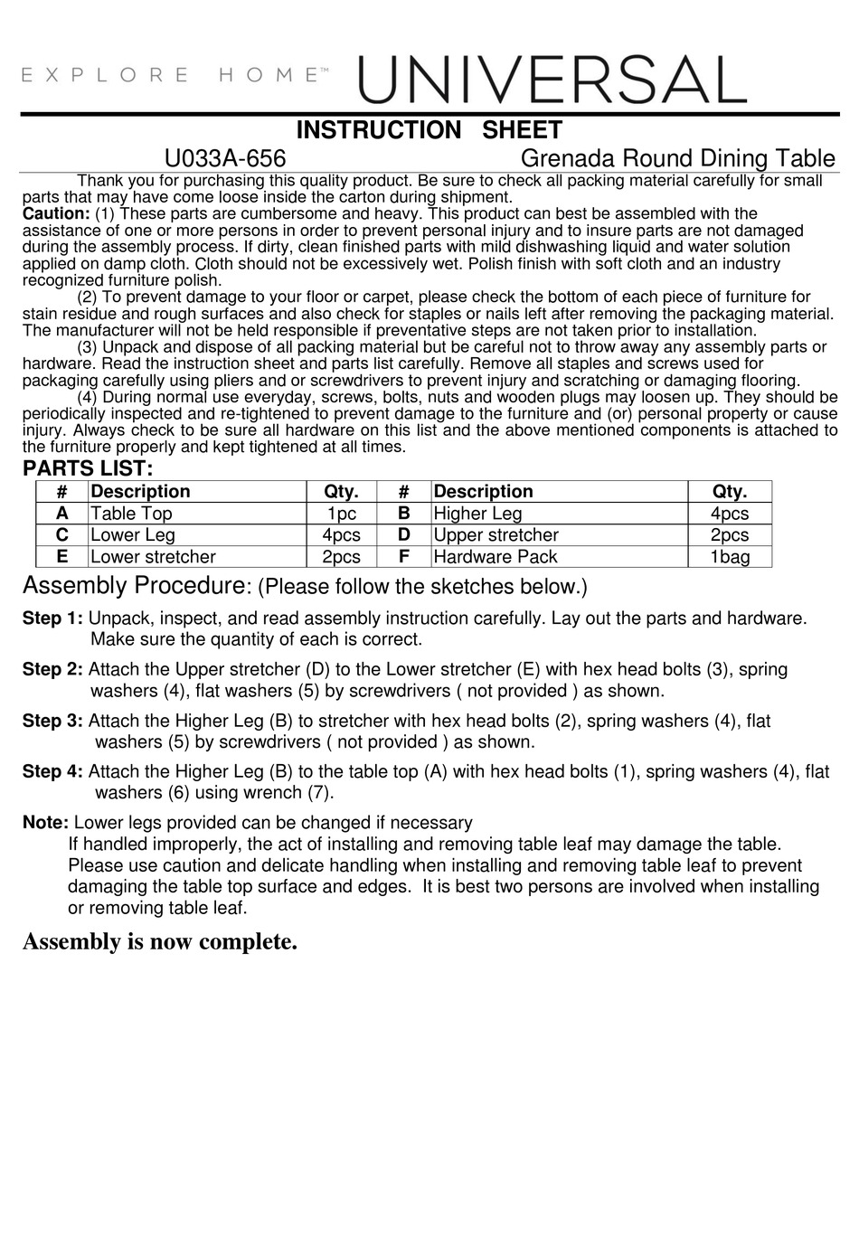 UNIVERSAL FURNITURE EXPLORE HOME GRENADA U033A656 INSTRUCTION SHEET