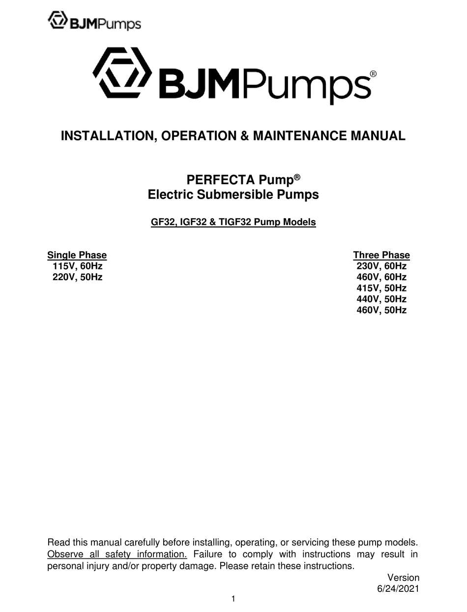 BJM PUMPS PERFECTA PUMP GF32 INSTALLATION, OPERATION & MAINTENANCE ...