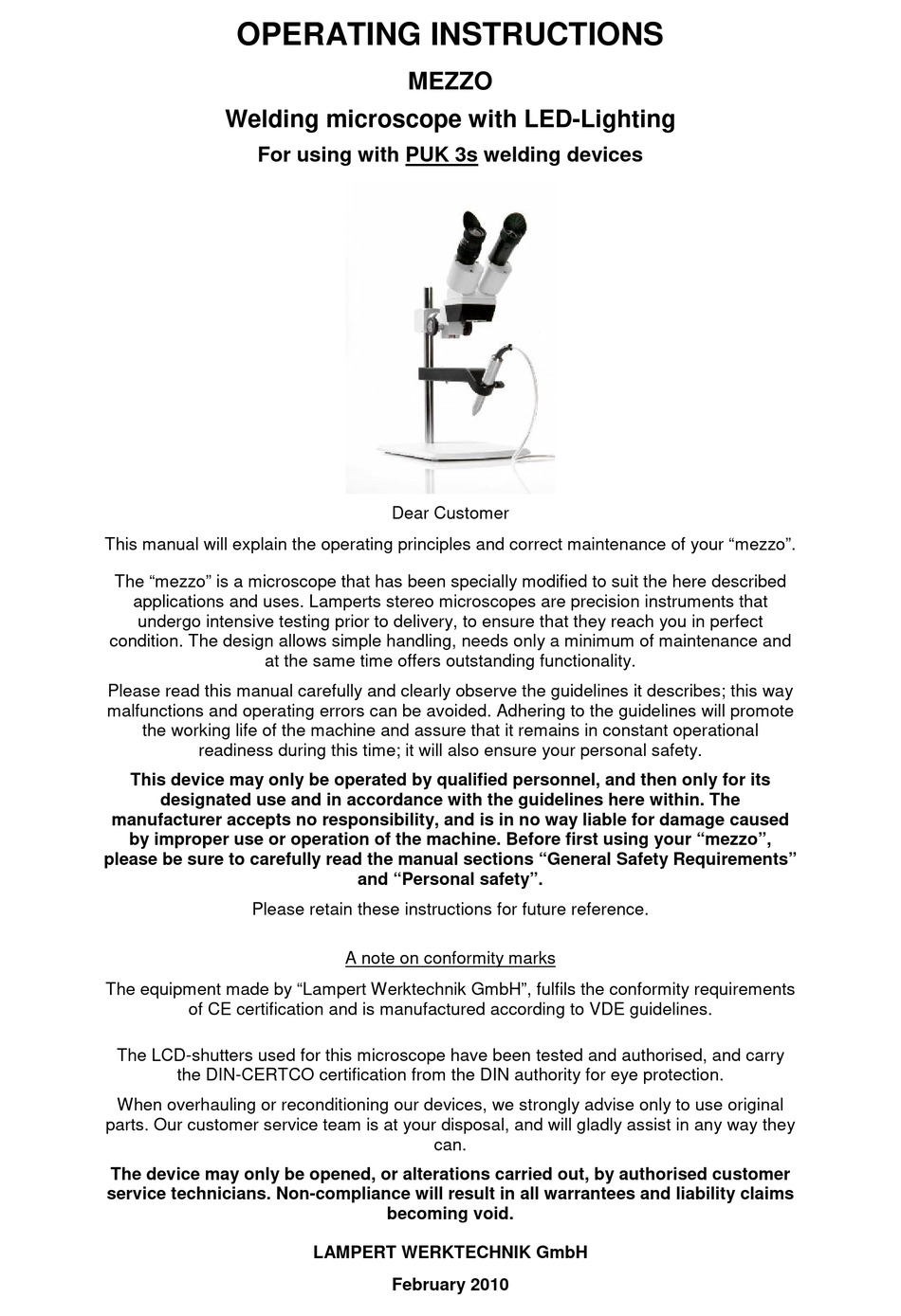 LAMPERT MEZZO OPERATING INSTRUCTIONS MANUAL Pdf Download ManualsLib