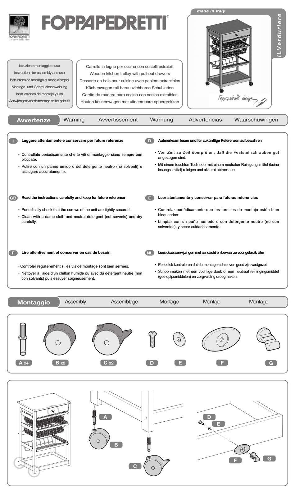 FOPPAPEDRETTI WOODEN KITCHEN TROLLEY WITH PULLOUT DRAWERS INSTRUCTIONS FOR ASSEMBLY AND USE Pdf